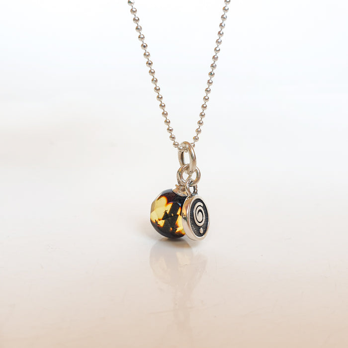 Natural Faceted Two-Tone Baltic Amber and Sterling Silver 925 Pendant with Chain