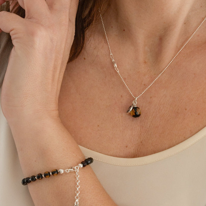 Natural Faceted Two-Tone Baltic Amber and Sterling Silver 925 Pendant with Chain
