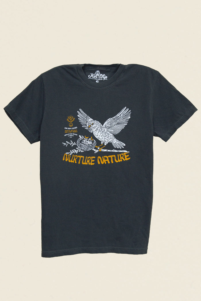 Kin Ship Goods black t-shirt with bird feeding chicks in a nest and 'Nurture Nature' message in golden yellow.