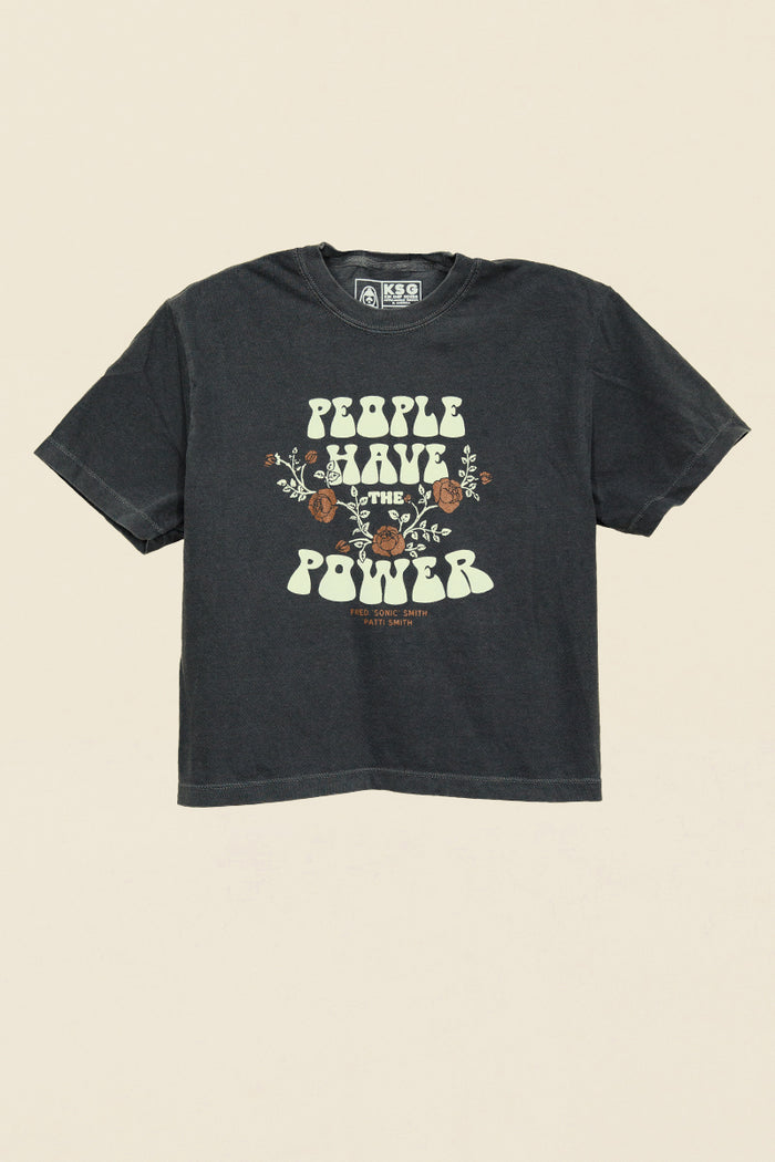 Kin Ship Goods crop tee with floral “People Have the Power” design from official Patti Smith collab, printed on vintage black.