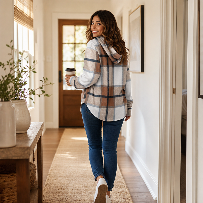 Plaidwell – Drawstring V-Neck Hooded Plaid Top