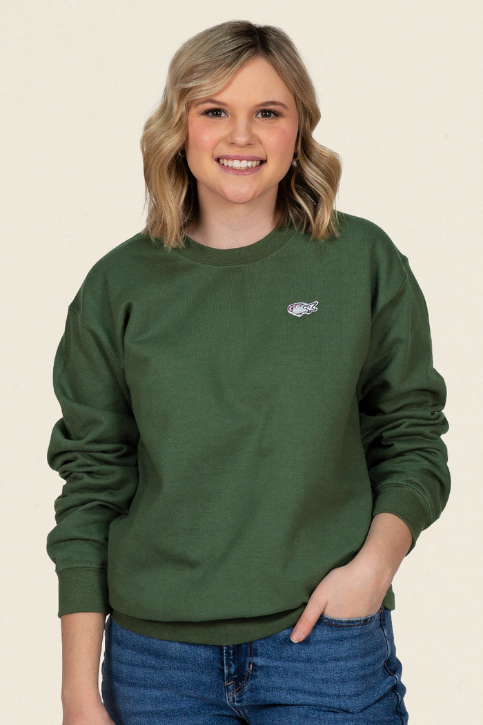 Forest green Kin Ship Goods sweatshirt with small embroidered possum patch on chest, laid flat on neutral background.