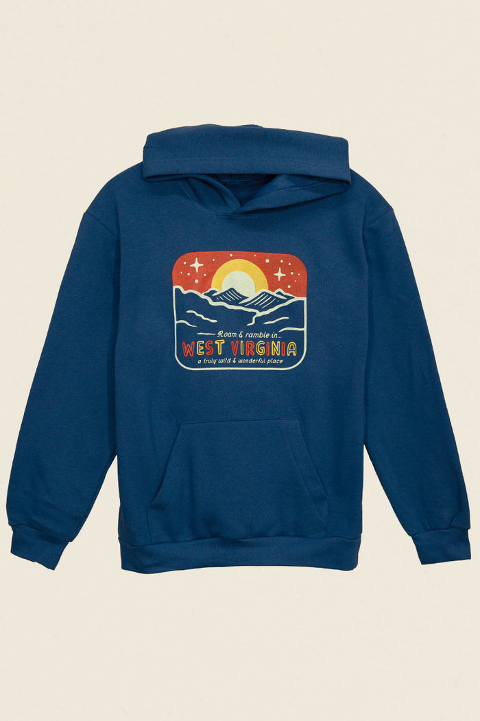 Kin Ship Goods retro West Virginia hoodie with mountain sunrise graphic and 'Roam & Ramble' text on navy blue fabric.