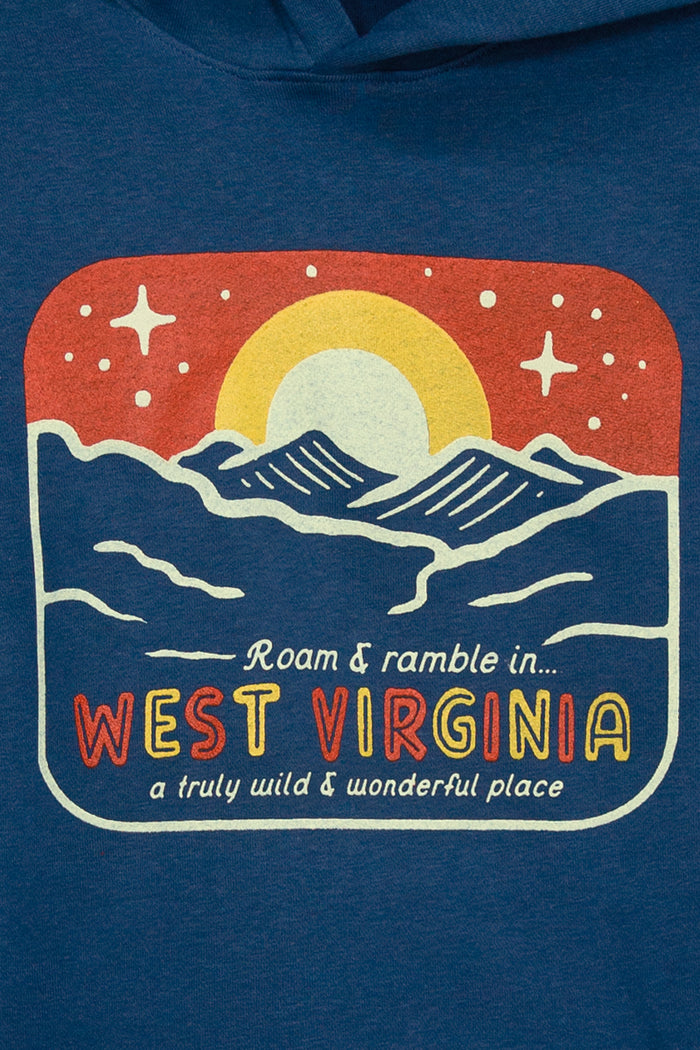 Kin Ship Goods retro West Virginia hoodie with mountain sunrise graphic and 'Roam & Ramble' text on navy blue fabric.