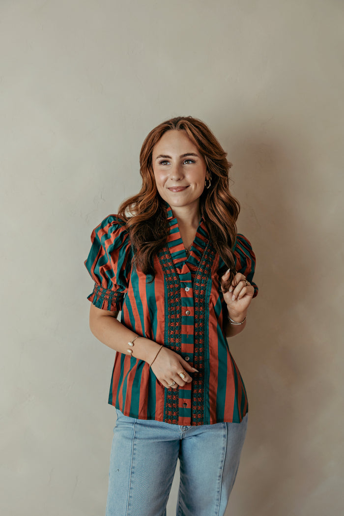 Ruffle Collar Puff Short Sleeve Red And Green Top