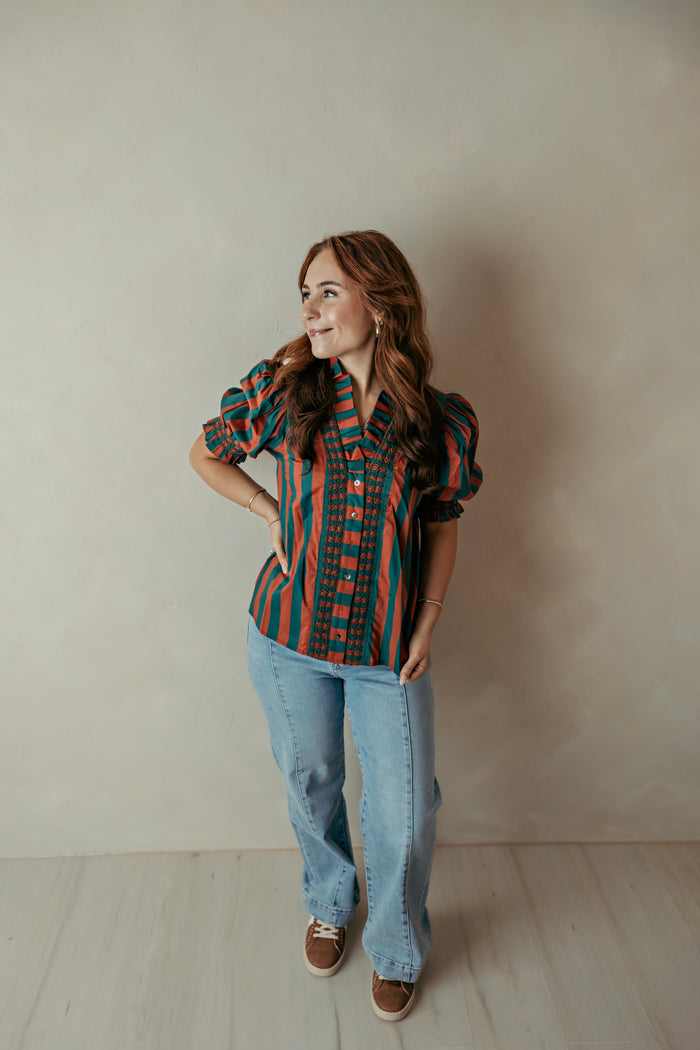 Ruffle Collar Puff Short Sleeve Red And Green Top