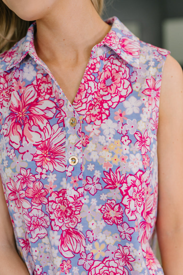 Sea Spray Collared Sleeveless Top in Falling Floral