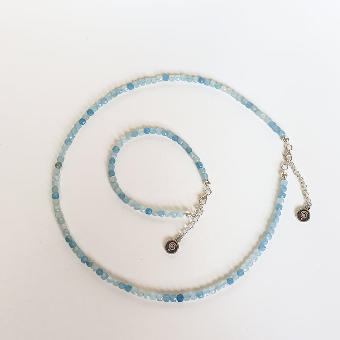 Set of Aquamarine cube Silver 925 Necklace and Bracelet for Women "Stone of Faith"