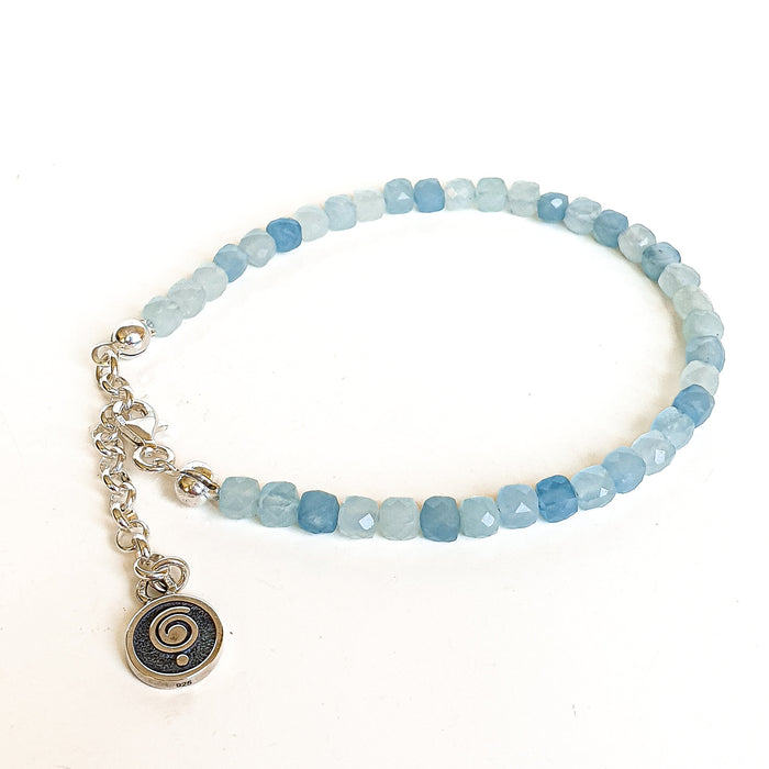 Set of Aquamarine cube Silver 925 Necklace and Bracelet for Women "Stone of Faith"