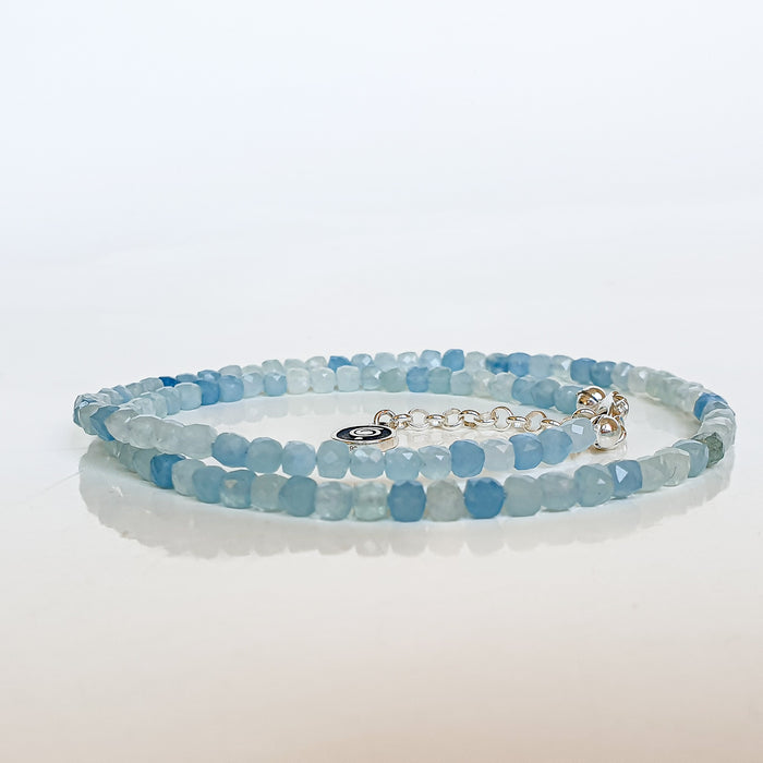 Set of Aquamarine cube Silver 925 Necklace and Bracelet for Women "Stone of Faith"