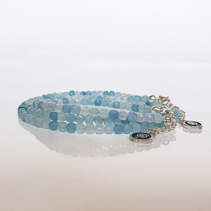 Set of Aquamarine cube Silver 925 Necklace and Bracelet for Women "Stone of Faith"