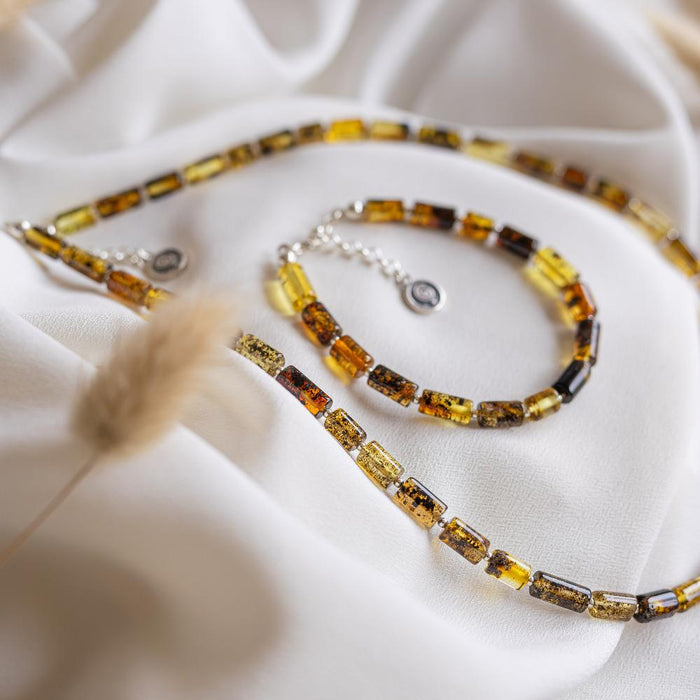 Set of Baltic Amber Silver 925 Necklace and Bracelet for Women Honey Colour "Sun Stories"