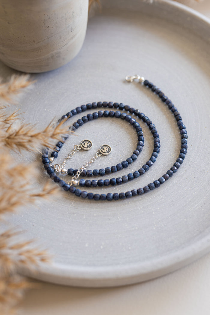 Set of Dark Blue Sapphire Necklace and Bracelet "The Guide", silver 925