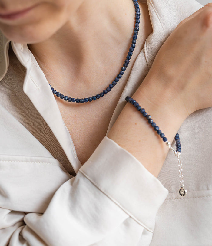 Set of Dark Blue Sapphire Necklace and Bracelet "The Guide", silver 925