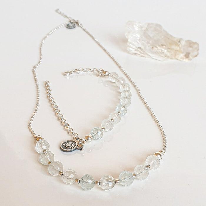A set of light blue topaz silver jewelry including a necklace and a bracelet with silver accents, displayed on a white surface.