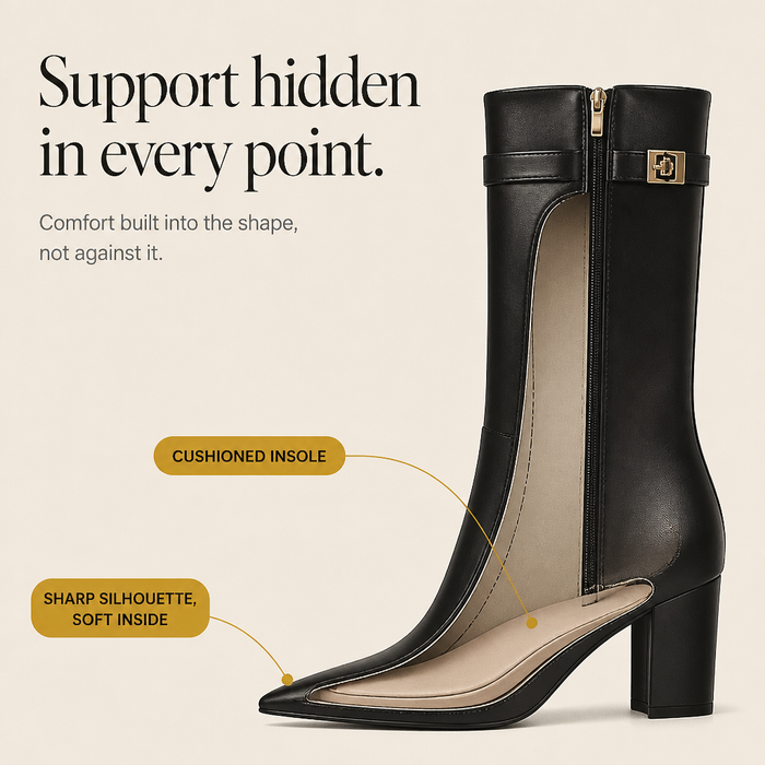 Solvera – Gold Buckle Pointed-Toe Knee-High Boots