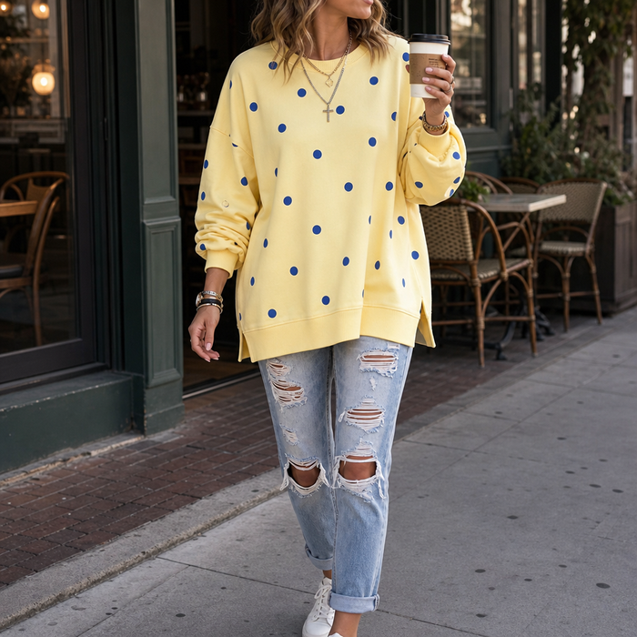 Sunbelle – Polka Dot Ribbon-Tie Neck Sweatshirt