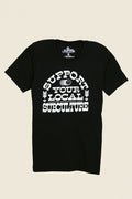 Kin Ship Goods black tee with bold white ‘Support Your Local Subculture’ text and smiley face graphic, Appalachian-made.