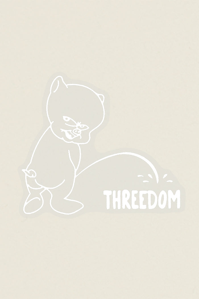 Threedom podcast decal from Kin Ship Goods – parody design featuring a pig peeing on the logo, inspired by classic car decals. Perfect for fans of the show.