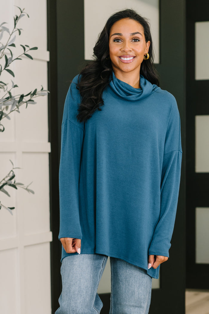 Travel Destination Cowl Neck Pullover in Dark Teal