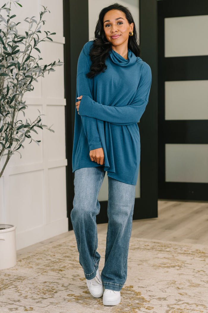 Travel Destination Cowl Neck Pullover in Dark Teal