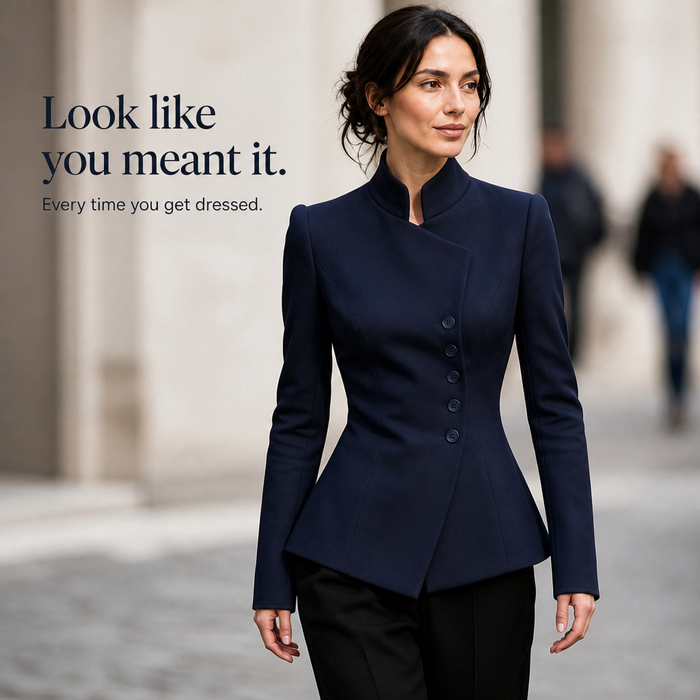 Vertica – Asymmetric Button-Up Stand Collar Blazer