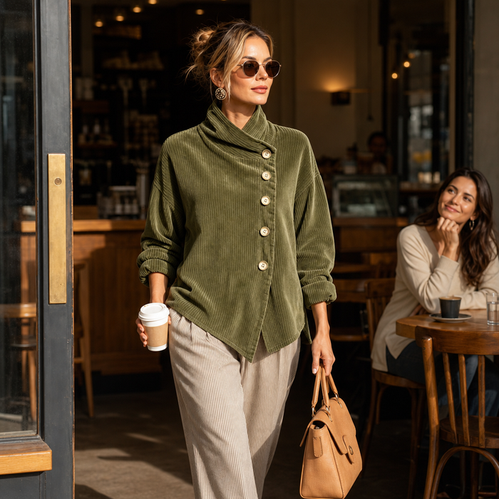 Wearbella – Funnel Collar Asymmetric Button Corduroy Top
