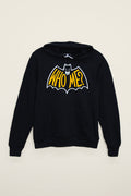 Kin Ship Goods black hoodie with 'WHO ME?' yellow bat-shaped logo—official merch for WHO ME? An Extremely True Crime Podcast.