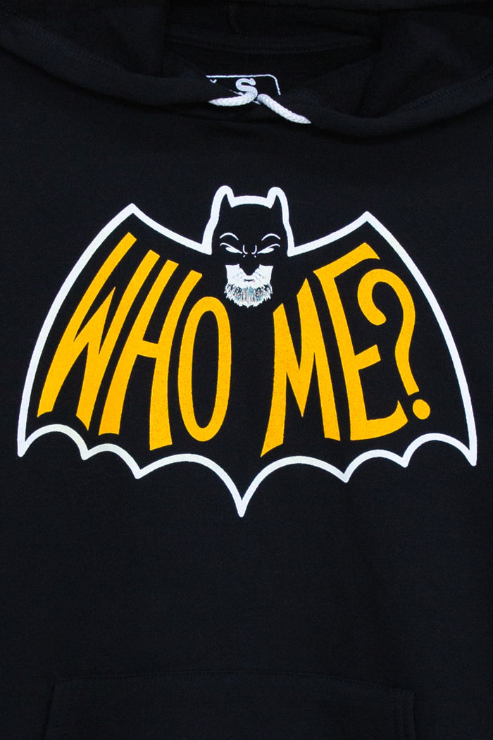 Kin Ship Goods black hoodie with 'WHO ME?' yellow bat-shaped logo—official merch for WHO ME? An Extremely True Crime Podcast.