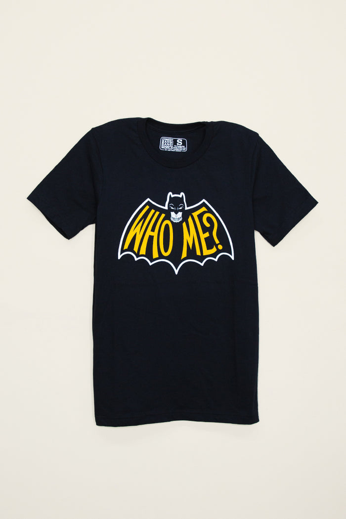 Kin Ship Goods black t-shirt with yellow 'WHO ME?' logo in batwing shape—official merch for WHO ME? An Extremely True Crime Podcast.