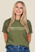 Kin Ship Goods olive green t-shirt with 'Almost Heaven West Virginia' text in vintage script across the chest.