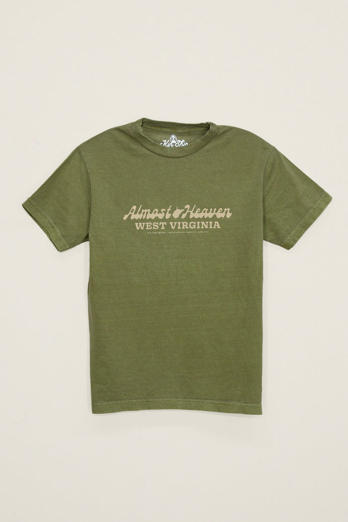 Kin Ship Goods olive green t-shirt with 'Almost Heaven West Virginia' text in vintage script across the chest.