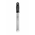 Black Microplane zester and grater with a stainless steel surface for citrus zest and fine grating.
